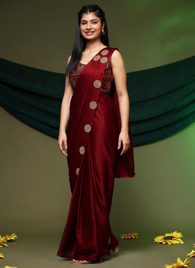 Pure Sattin Maroon Party Wear Sequins Work Ready To Wear Saree